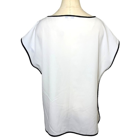 sung Alfred Sung White Black Crepe Blouse Short Sleeves Round Neck Sz L - Picture 3 of 13